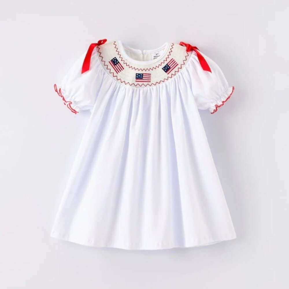 Boutique 4th of July Girls Embroidered US Flag Smocked White Dress